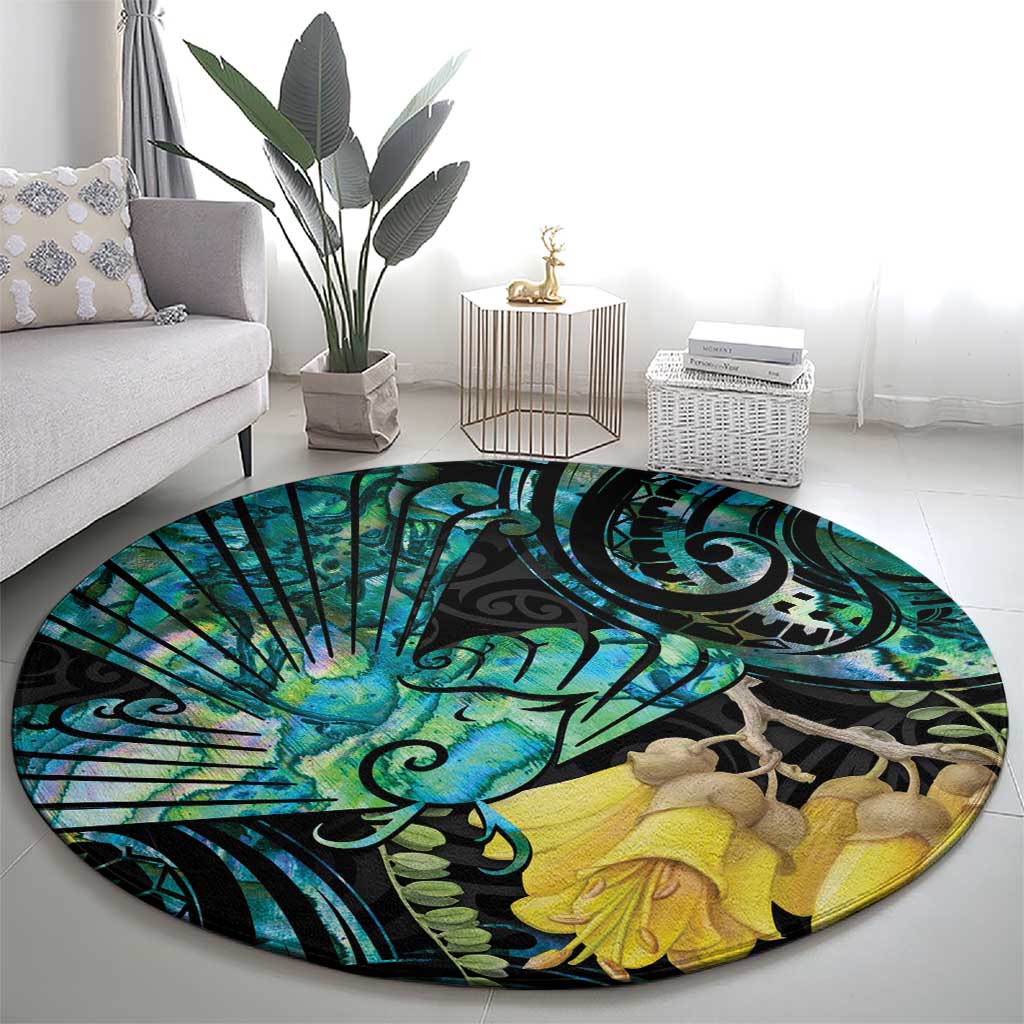 New Zealand Fantail Bird Round Carpet Maori Piwakawaka Kowhai - Paua Shell Pattern LT14 - Polynesian Pride