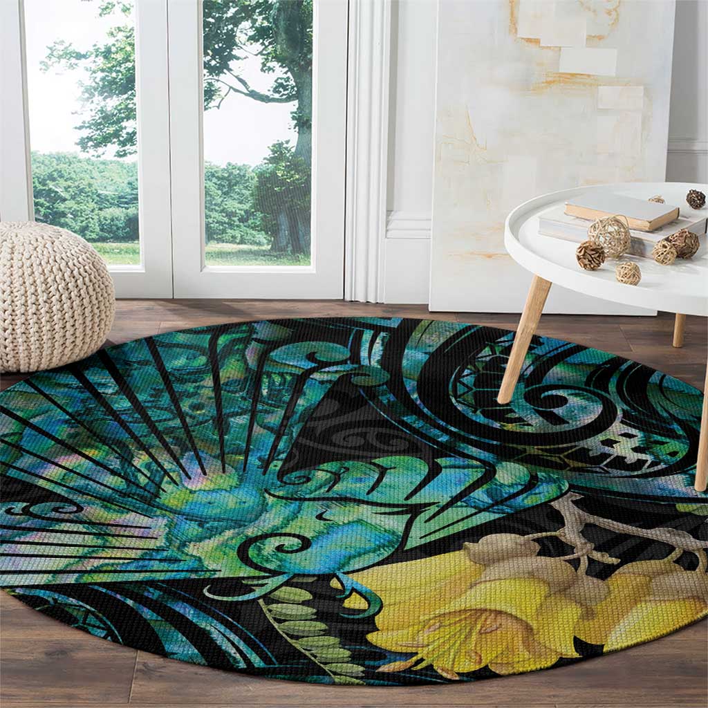 New Zealand Fantail Bird Round Carpet Maori Piwakawaka Kowhai - Paua Shell Pattern LT14 - Polynesian Pride