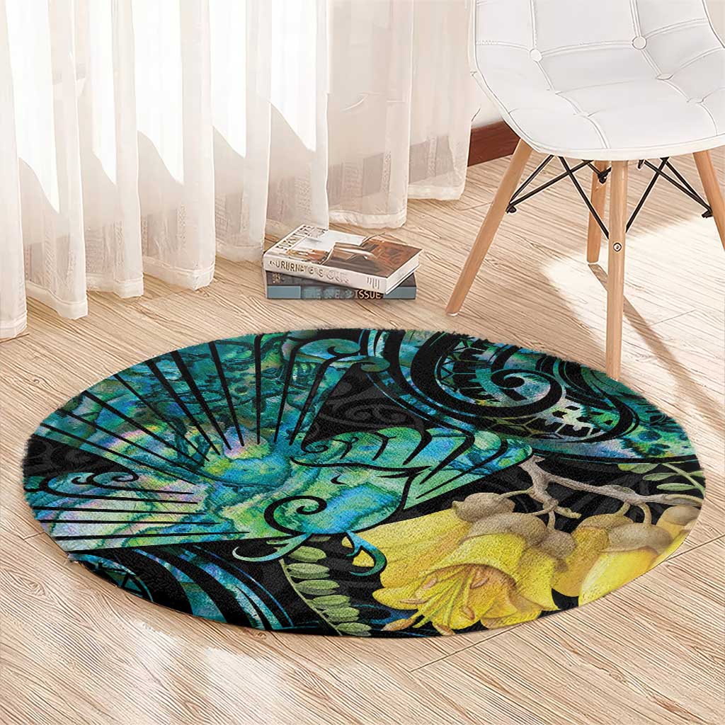 New Zealand Fantail Bird Round Carpet Maori Piwakawaka Kowhai - Paua Shell Pattern LT14 - Polynesian Pride