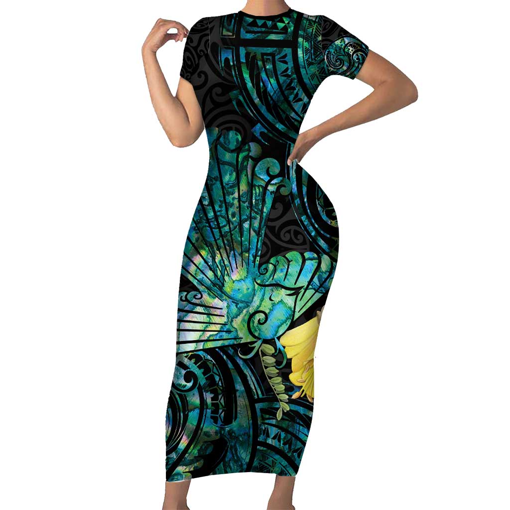 New Zealand Fantail Bird Short Sleeve Bodycon Dress Maori Piwakawaka Kowhai - Paua Shell Pattern LT14 Long Dress Green - Polynesian Pride