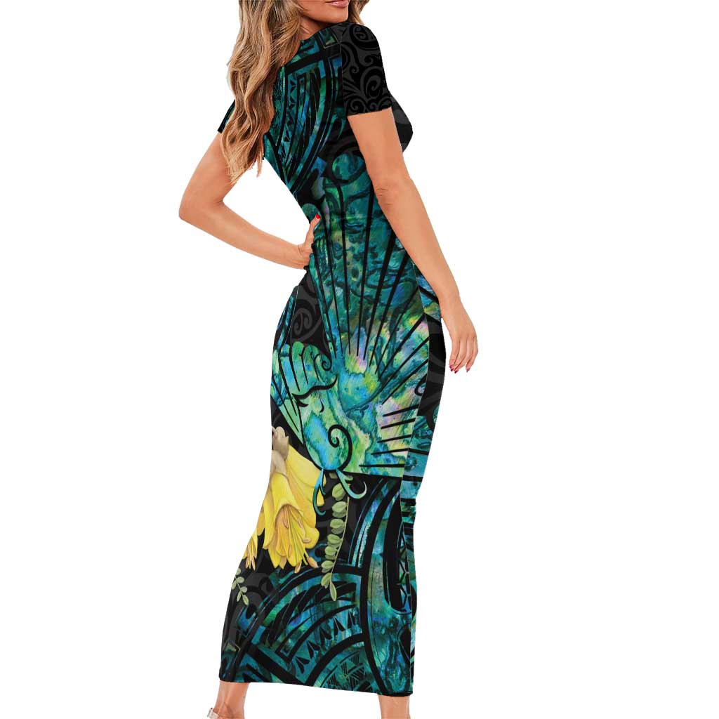 New Zealand Fantail Bird Short Sleeve Bodycon Dress Maori Piwakawaka Kowhai - Paua Shell Pattern LT14 - Polynesian Pride