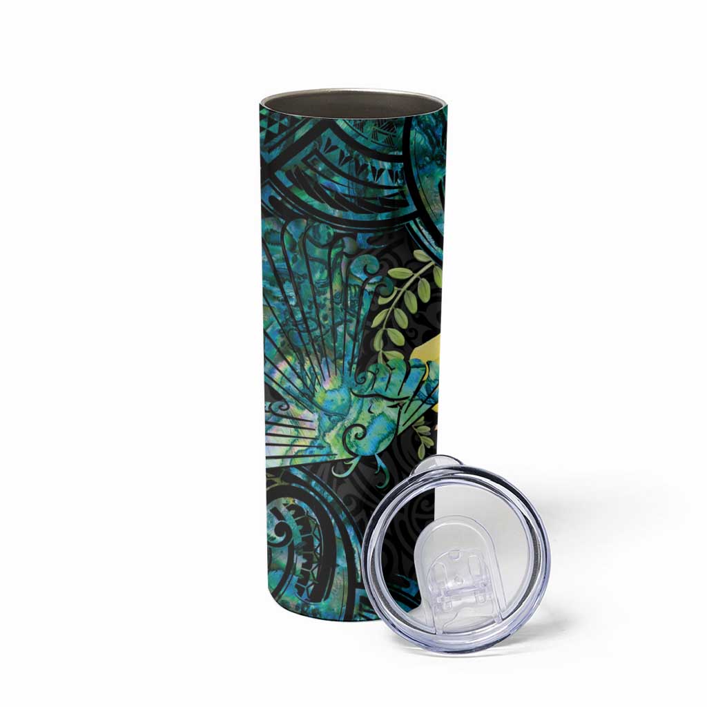 New Zealand Fantail Bird Skinny Tumbler Maori Piwakawaka Kowhai - Paua Shell Pattern LT14 - Polynesian Pride