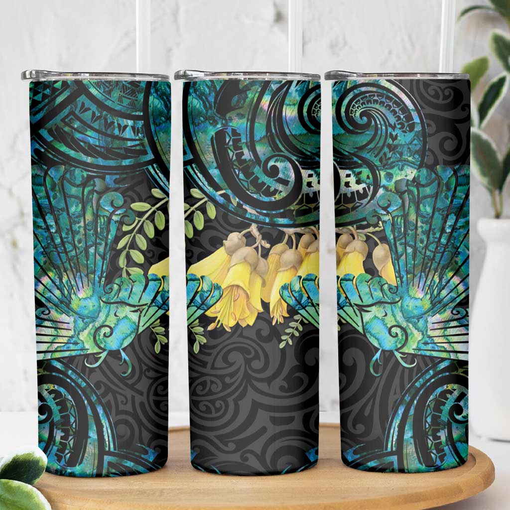 New Zealand Fantail Bird Skinny Tumbler Maori Piwakawaka Kowhai - Paua Shell Pattern LT14 - Polynesian Pride