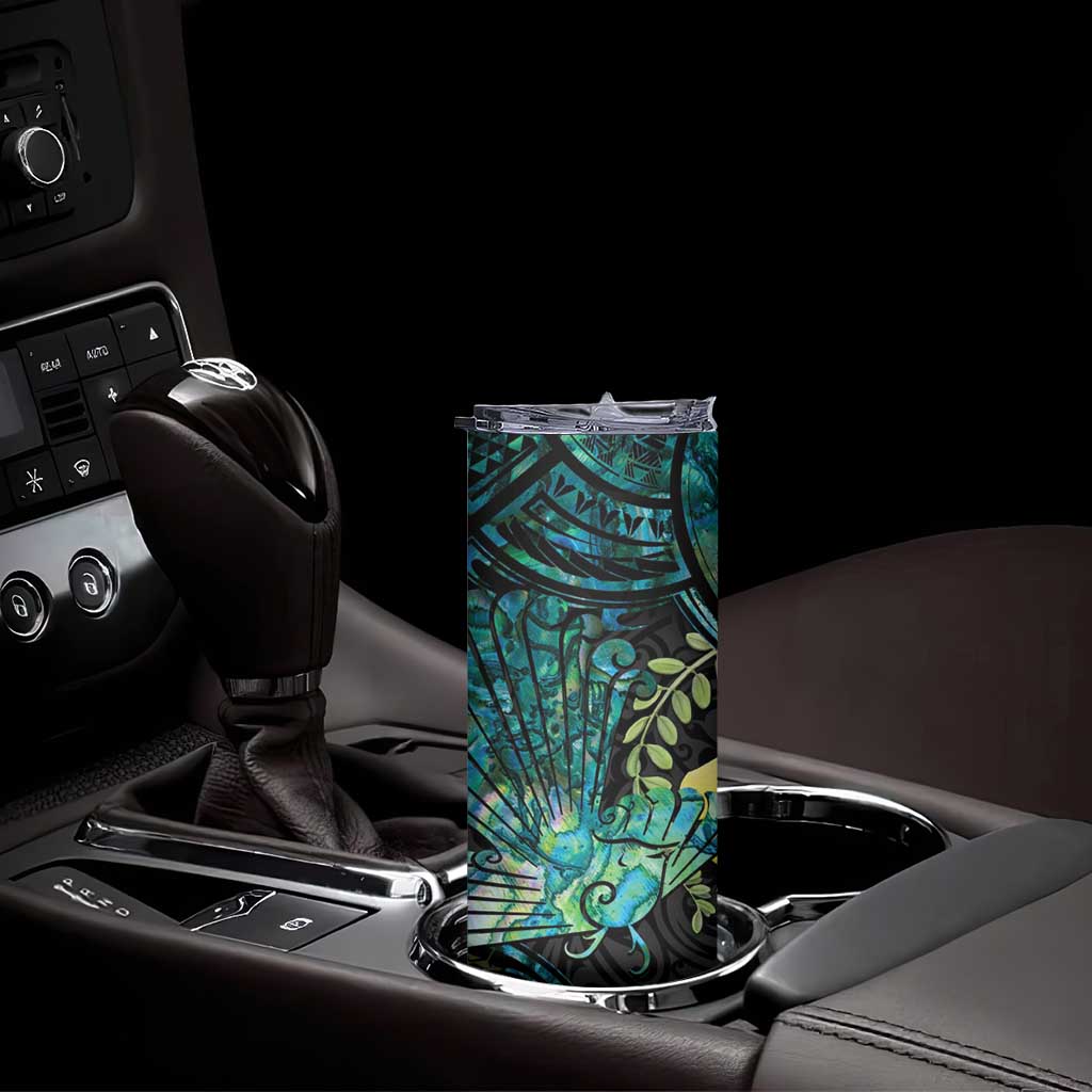 New Zealand Fantail Bird Skinny Tumbler Maori Piwakawaka Kowhai - Paua Shell Pattern LT14 - Polynesian Pride