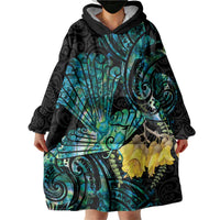 New Zealand Fantail Bird Wearable Blanket Hoodie Maori Piwakawaka Kowhai - Paua Shell Pattern LT14 - Polynesian Pride