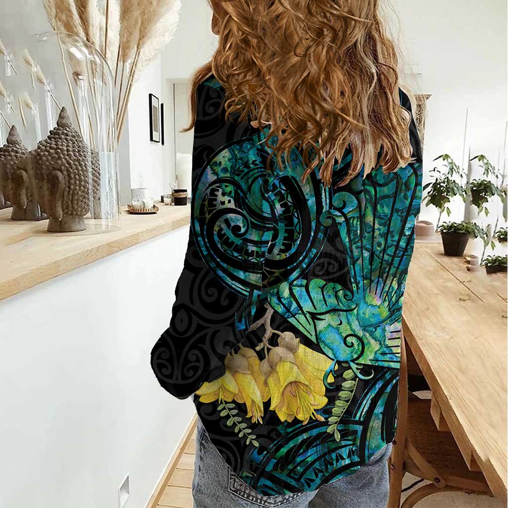New Zealand Fantail Bird Women Casual Shirt Maori Piwakawaka Kowhai - Paua Shell Pattern LT14 - Polynesian Pride