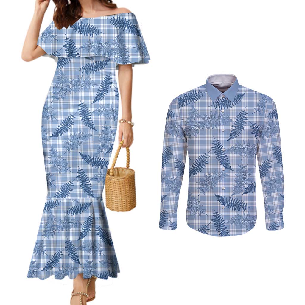 Blue Palaka Hawaii Palapalai Couples Matching Mermaid Dress and Long Sleeve Button Shirt Hawaiian Fern - Polynesian Pride