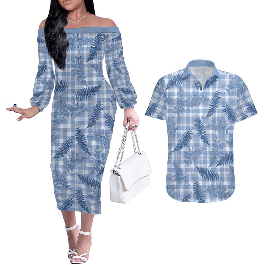 Blue Palaka Hawaii Palapalai Couples Matching Off The Shoulder Long Sleeve Dress and Hawaiian Shirt Hawaiian Fern LT14 Blue - Polynesian Pride