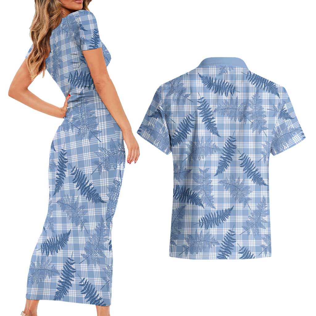 Blue Palaka Hawaii Palapalai Couples Matching Short Sleeve Bodycon Dress and Hawaiian Shirt Hawaiian Fern LT14 - Polynesian Pride