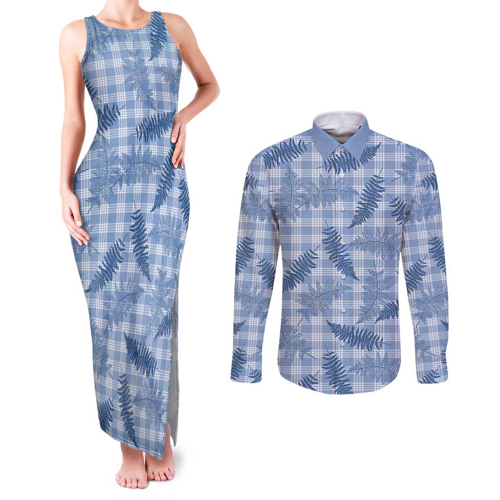 Blue Palaka Hawaii Palapalai Couples Matching Tank Maxi Dress and Long Sleeve Button Shirt Hawaiian Fern - Polynesian Pride