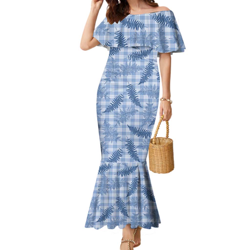 Blue Palaka Hawaii Palapalai Family Matching Mermaid Dress and Hawaiian Shirt Hawaiian Fern LT14 Mom's Dress Blue - Polynesian Pride