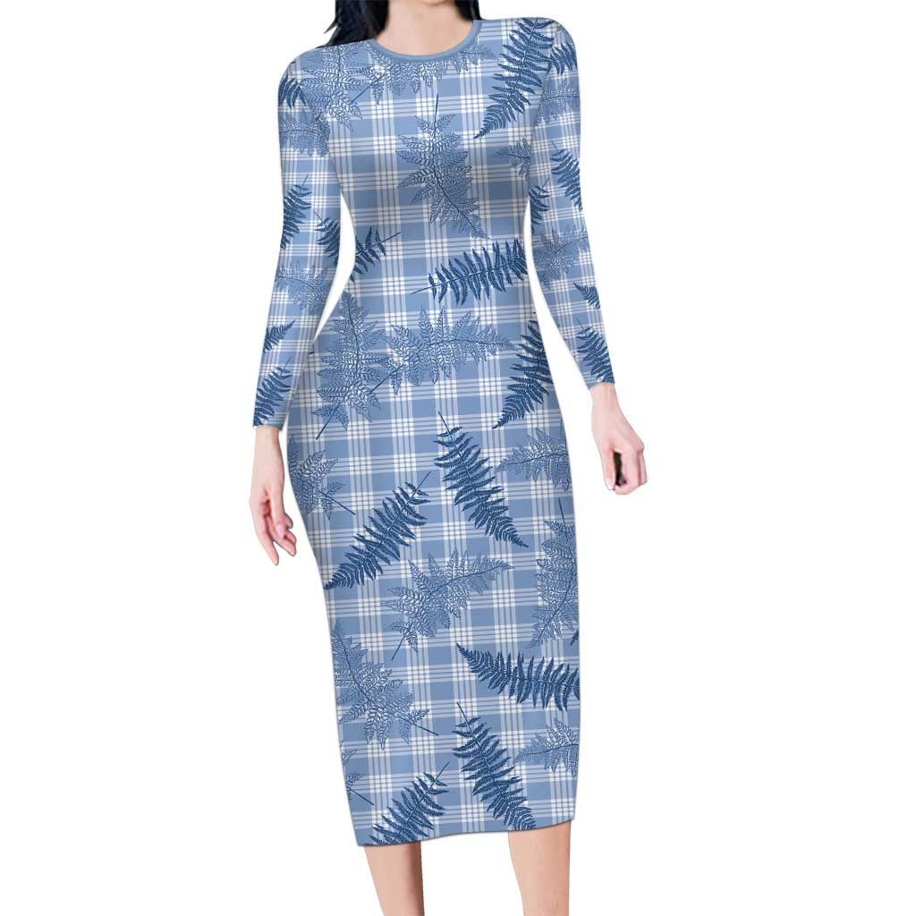 Blue Palaka Hawaii Palapalai Long Sleeve Bodycon Dress Hawaiian Fern - Polynesian Pride