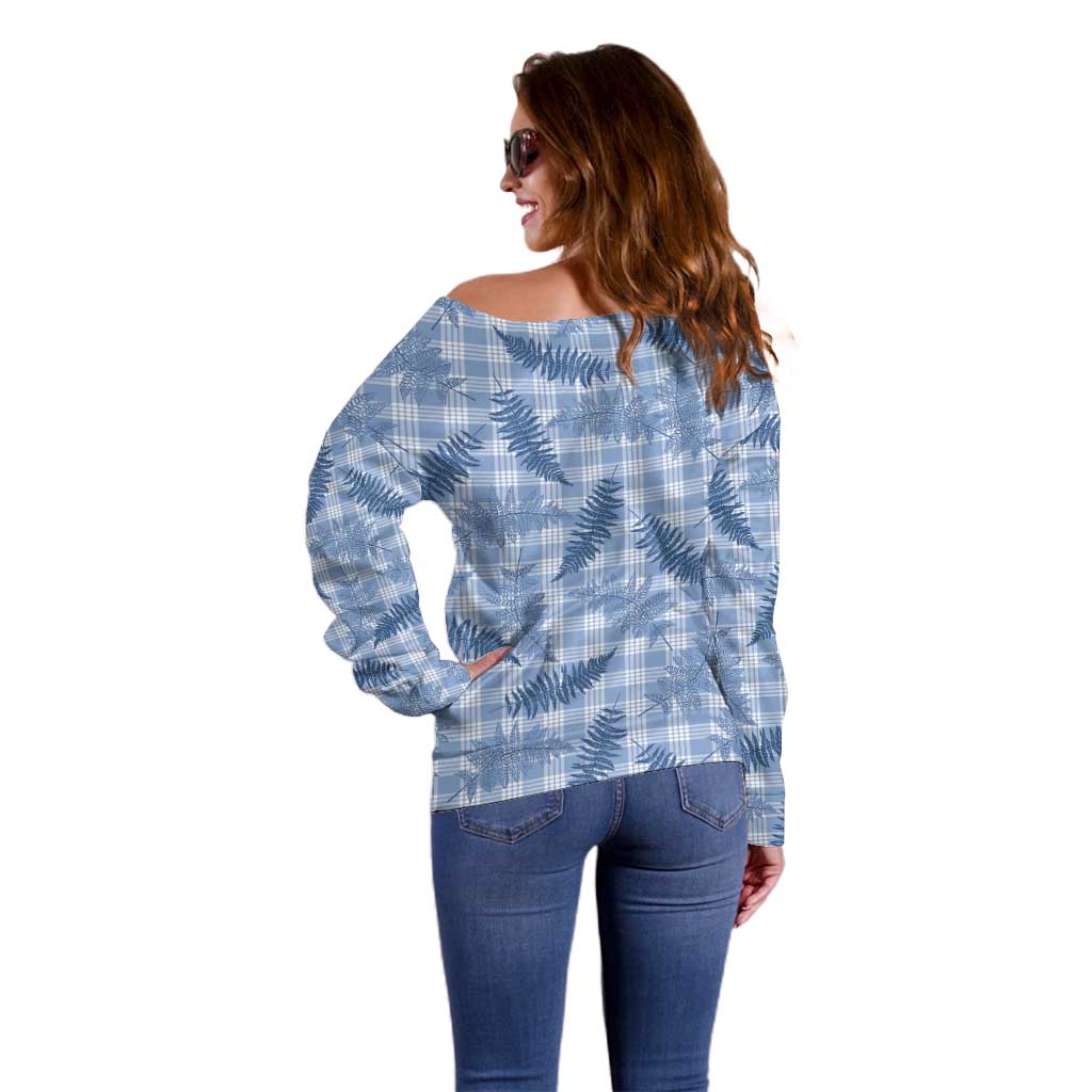 Blue Palaka Hawaii Palapalai Off Shoulder Sweater Hawaiian Fern - Polynesian Pride