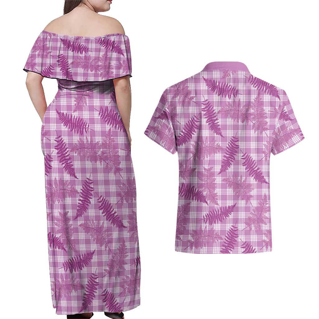 Pink Palaka Hawaii Palapalai Couples Matching Off Shoulder Maxi Dress and Hawaiian Shirt Hawaiian Fern - Polynesian Pride