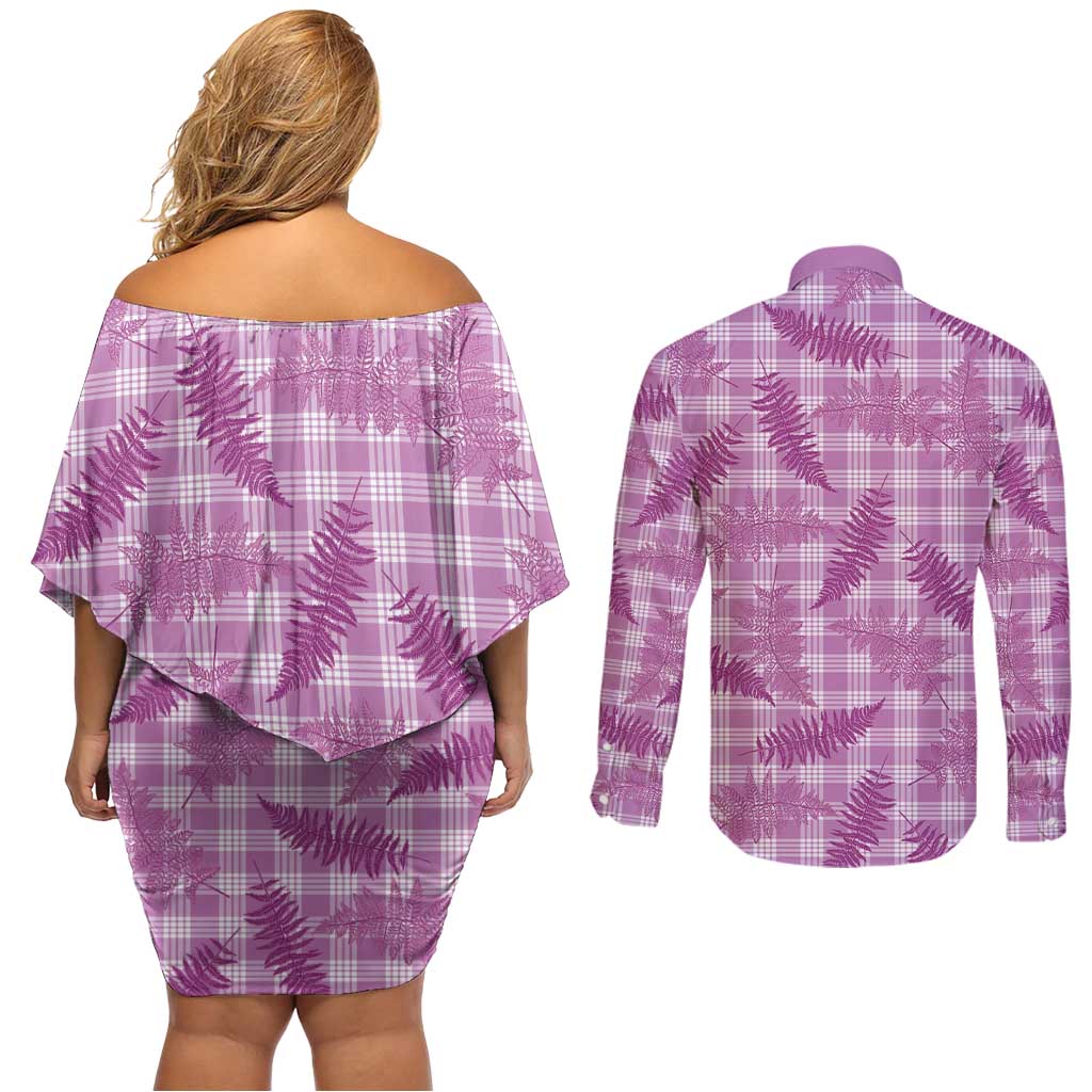 Pink Palaka Hawaii Palapalai Couples Matching Off Shoulder Short Dress and Long Sleeve Button Shirt Hawaiian Fern - Polynesian Pride