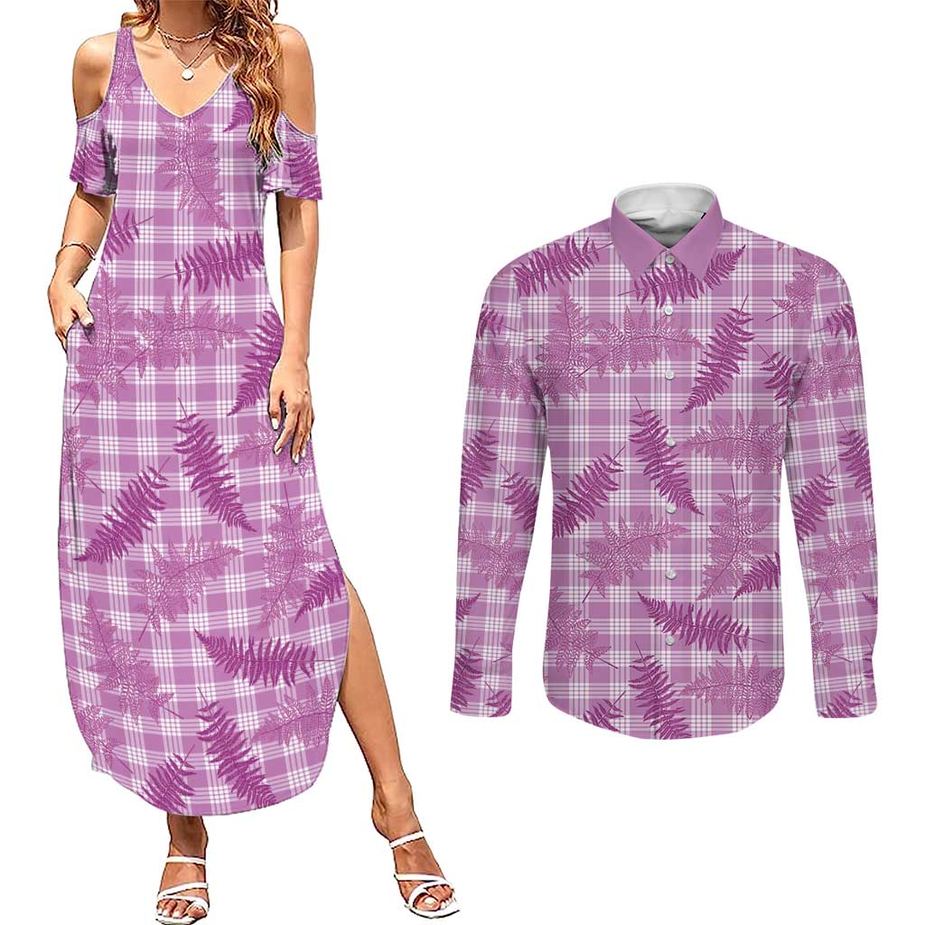 Pink Palaka Hawaii Palapalai Couples Matching Summer Maxi Dress and Long Sleeve Button Shirt Hawaiian Fern - Polynesian Pride