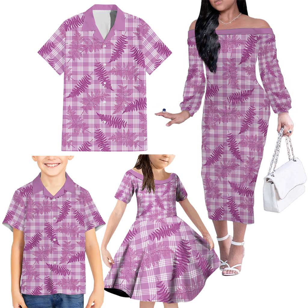 Pink Palaka Hawaii Palapalai Family Matching Off The Shoulder Long Sleeve Dress and Hawaiian Shirt Hawaiian Fern LT14 - Polynesian Pride