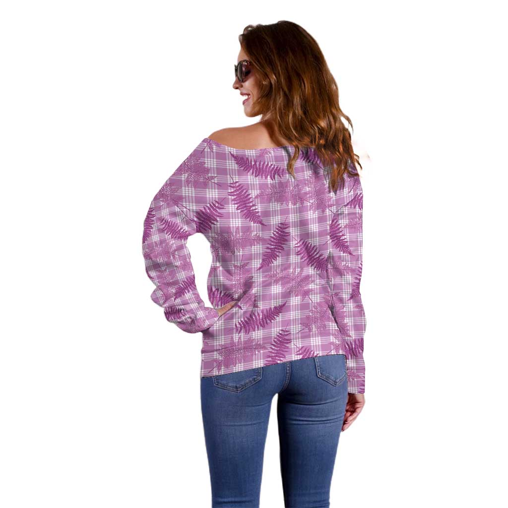 Pink Palaka Hawaii Palapalai Off Shoulder Sweater Hawaiian Fern - Polynesian Pride