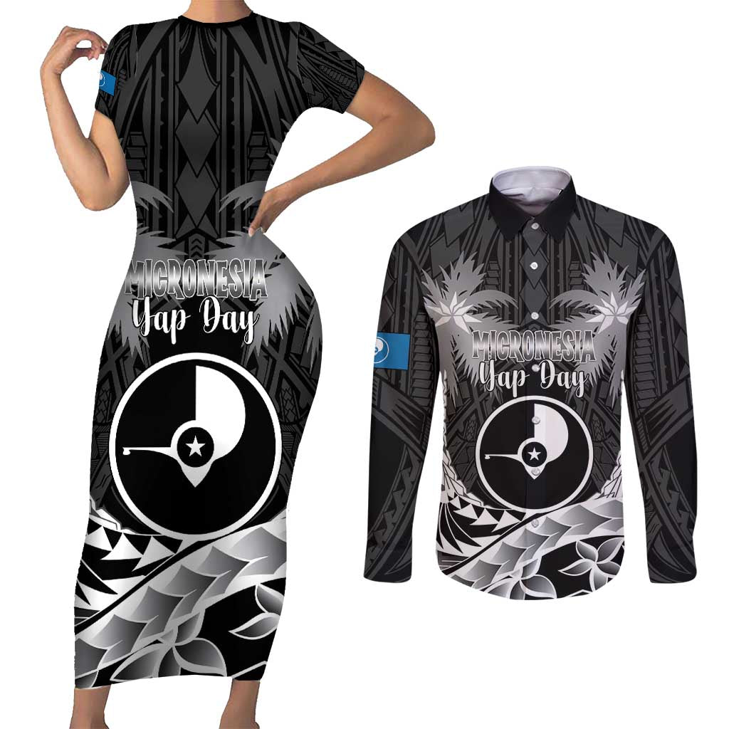 FSM Yap Day Couples Matching Short Sleeve Bodycon Dress and Long Sleeve Button Shirt 2025 Wa'ab Micronesia Black Color