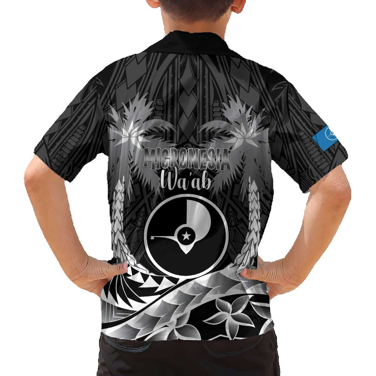 FSM Yap Day Family Matching Off The Shoulder Long Sleeve Dress and Hawaiian Shirt 2025 Wa'ab Micronesia Black Color LT14 - Polynesian Pride