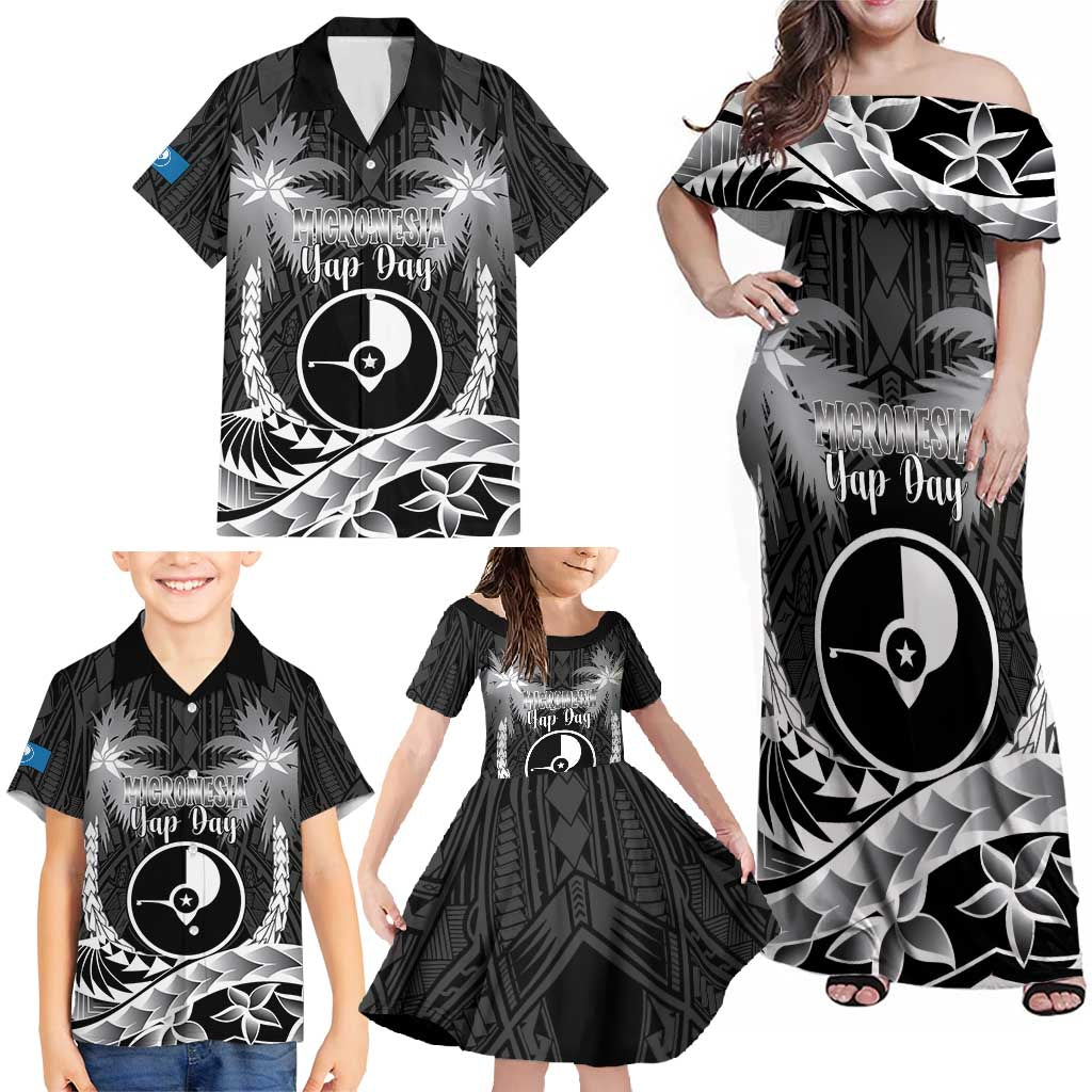 FSM Yap Day Family Matching Off Shoulder Maxi Dress and Hawaiian Shirt 2025 Wa'ab Micronesia Black Color LT14 - Polynesian Pride