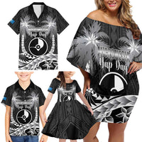 FSM Yap Day Family Matching Off Shoulder Short Dress and Hawaiian Shirt 2025 Wa'ab Micronesia Black Color LT14 - Polynesian Pride