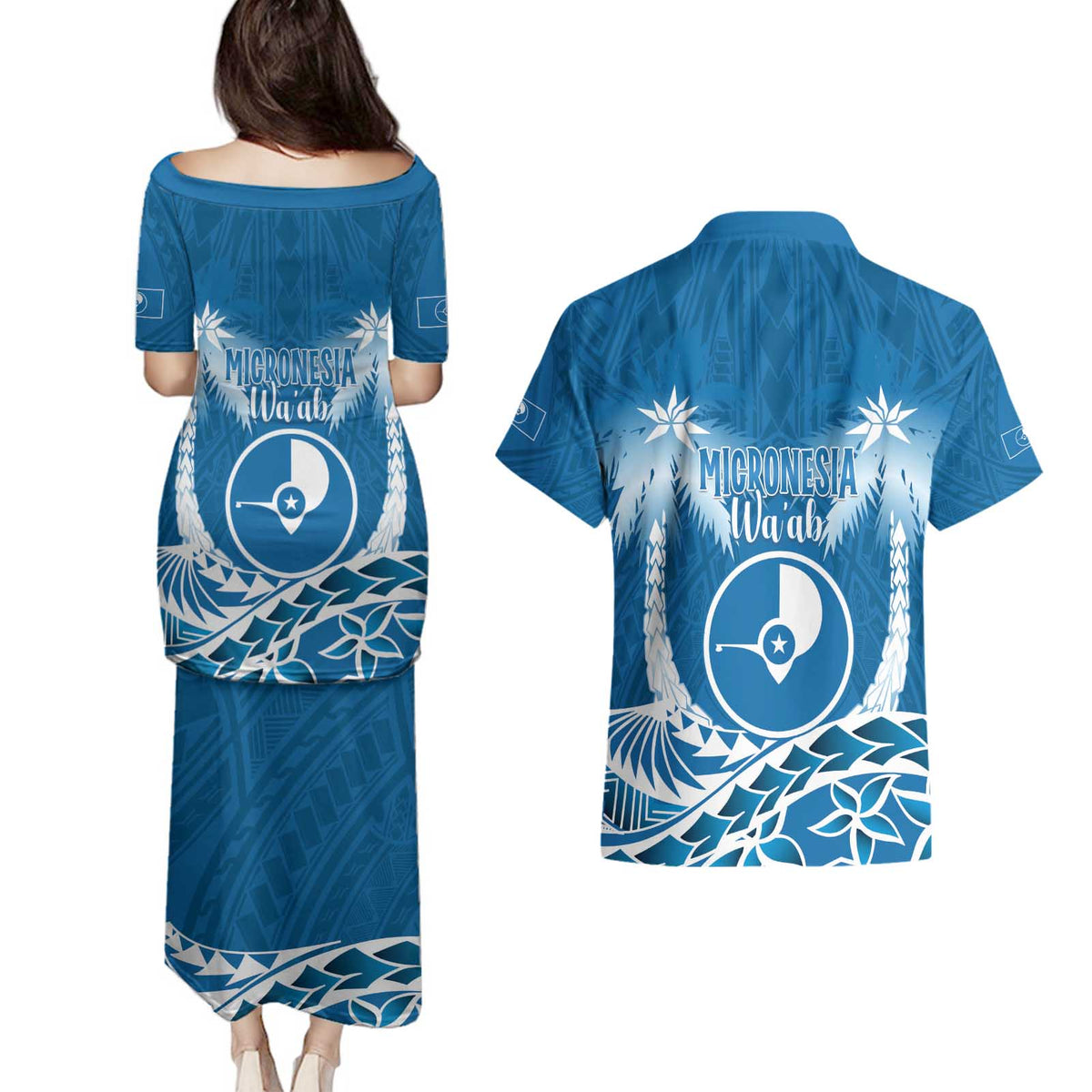 FSM Yap Day Couples Matching Puletasi and Hawaiian Shirt 2025 Wa'ab Micronesia Flag Color