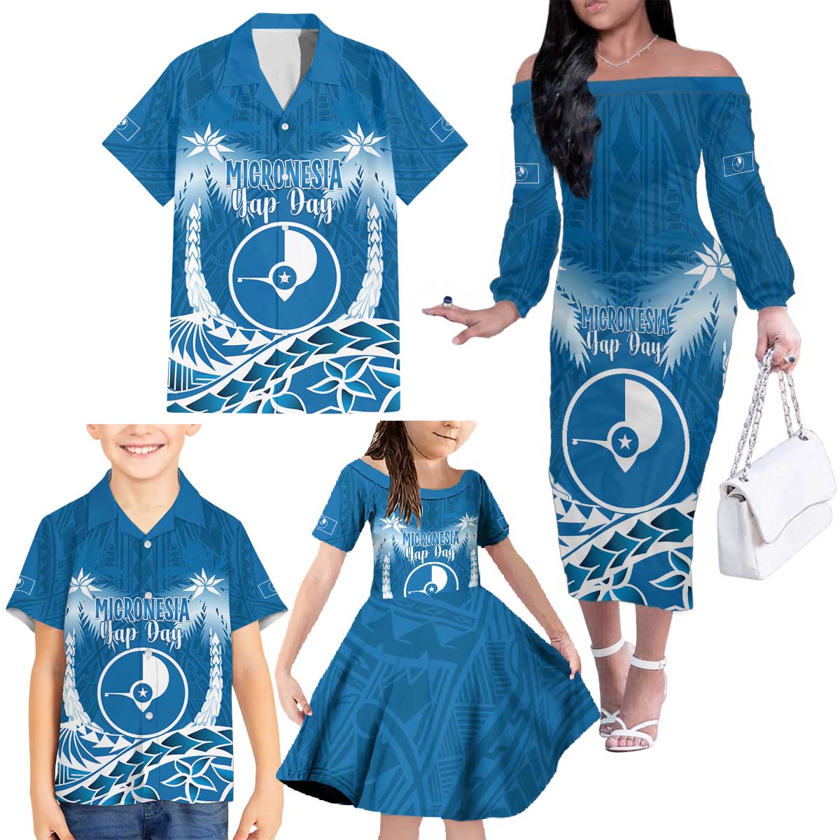 FSM Yap Day Family Matching Off The Shoulder Long Sleeve Dress and Hawaiian Shirt 2025 Wa'ab Micronesia Flag Color LT14 - Polynesian Pride