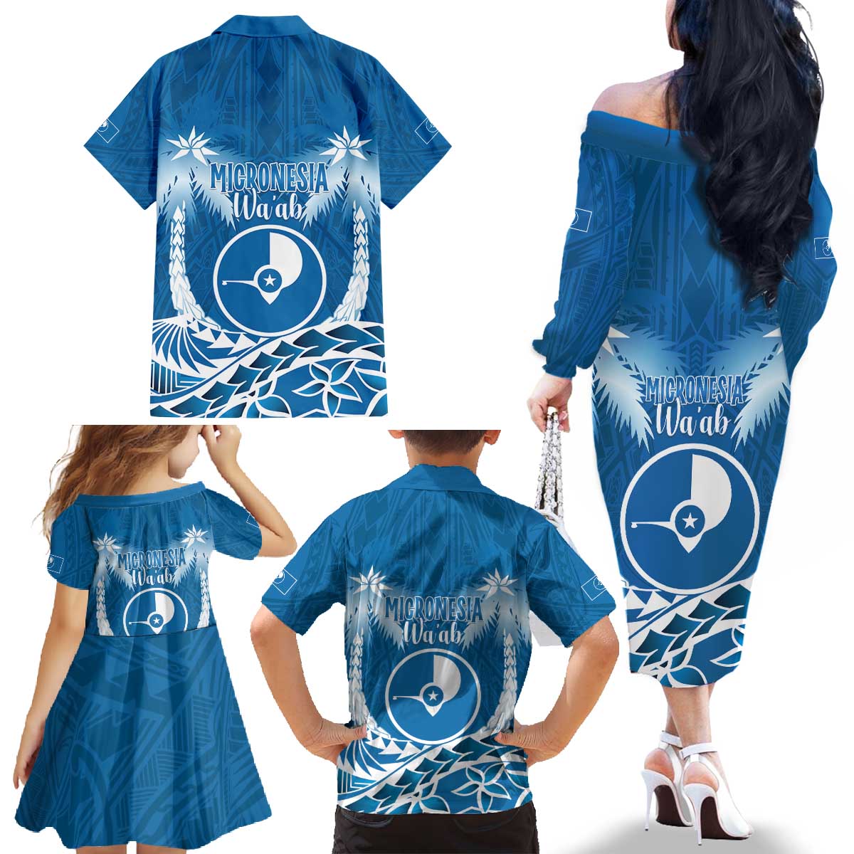 FSM Yap Day Family Matching Off The Shoulder Long Sleeve Dress and Hawaiian Shirt 2025 Wa'ab Micronesia Flag Color LT14 - Polynesian Pride