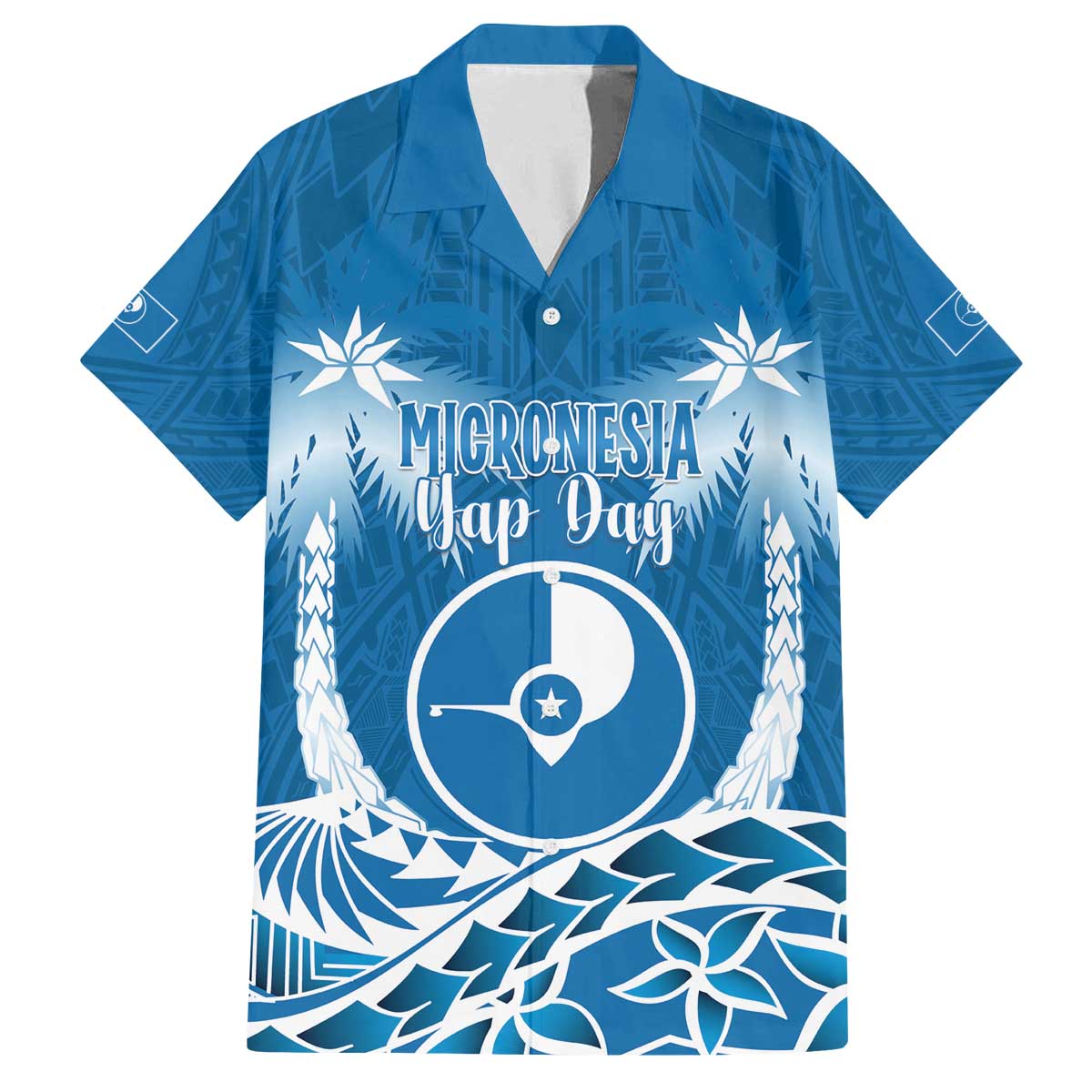 FSM Yap Day Family Matching Off The Shoulder Long Sleeve Dress and Hawaiian Shirt 2025 Wa'ab Micronesia Flag Color LT14 Dad's Shirt - Short Sleeve Blue - Polynesian Pride