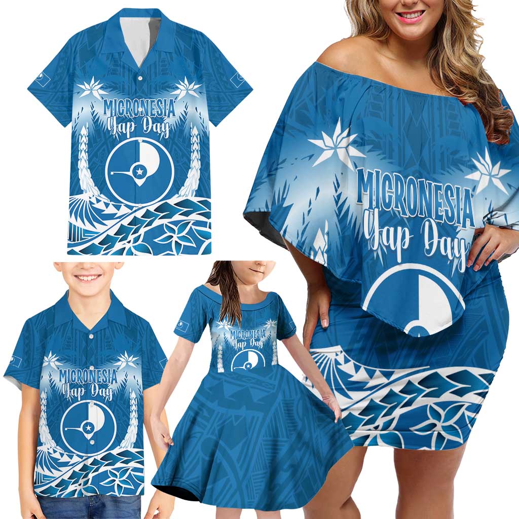 FSM Yap Day Family Matching Off Shoulder Short Dress and Hawaiian Shirt 2025 Wa'ab Micronesia Flag Color LT14 - Polynesian Pride