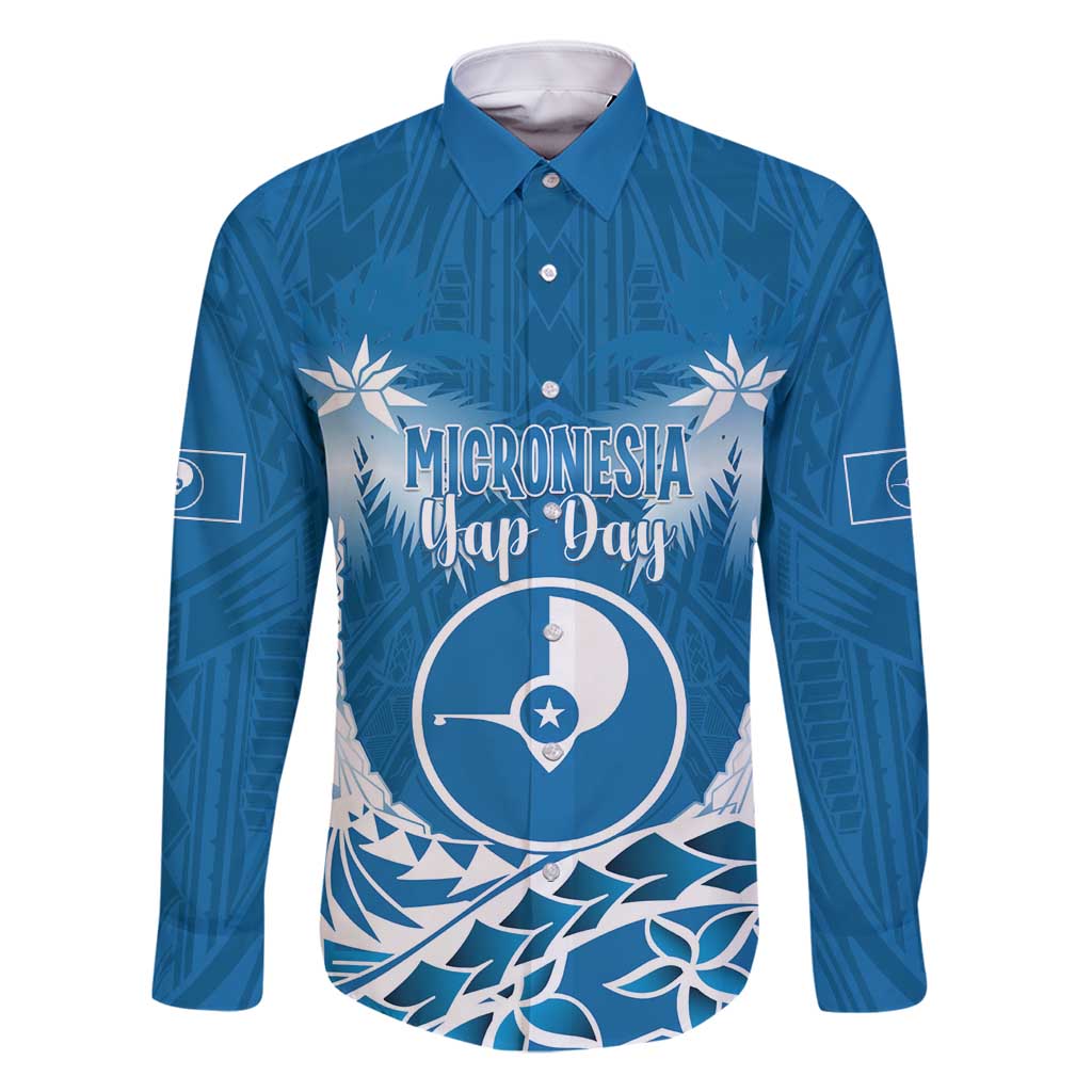 FSM Yap Day Family Matching Tank Maxi Dress and Hawaiian Shirt 2025 Wa'ab Micronesia Flag Color LT14 Dad's Shirt - Long Sleeve Blue - Polynesian Pride