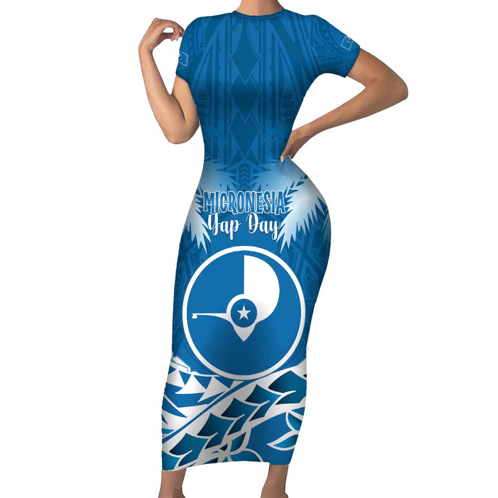 FSM Yap Day Short Sleeve Bodycon Dress 2025 Wa'ab Micronesia Flag Color LT14 Long Dress Blue - Polynesian Pride