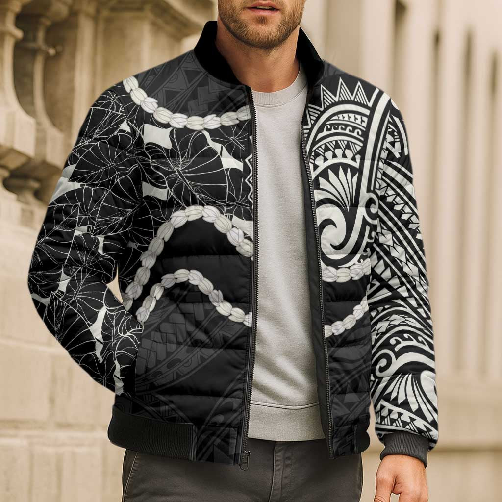 Aloha Hawaii Kalo Pikake Lei Bomber Puffer Jacket Chest Tattoo Black Hawaiian Pattern