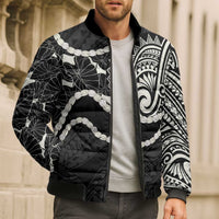 Aloha Hawaii Kalo Pikake Lei Bomber Puffer Jacket Chest Tattoo Black Hawaiian Pattern