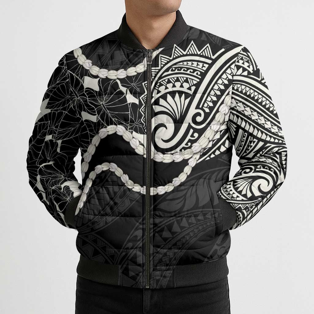 Aloha Hawaii Kalo Pikake Lei Bomber Puffer Jacket Chest Tattoo Black Hawaiian Pattern