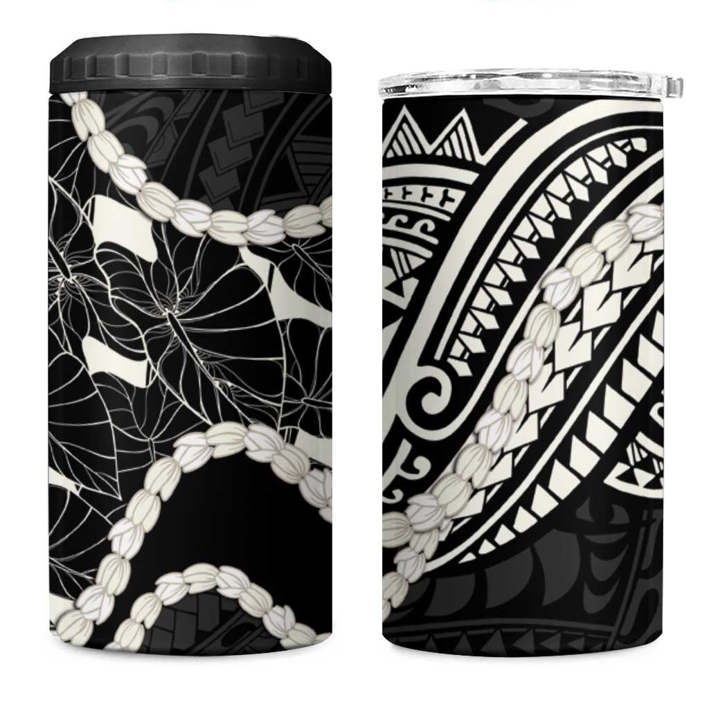 Aloha Hawaii Kalo Pikake Lei 4 in 1 Can Cooler Tumbler Chest Tattoo Black Hawaiian Pattern