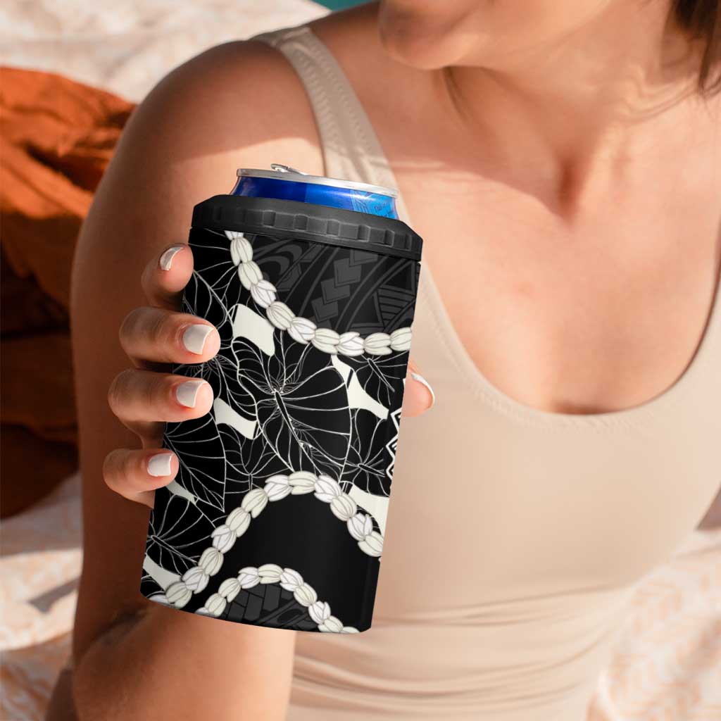 Aloha Hawaii Kalo Pikake Lei 4 in 1 Can Cooler Tumbler Chest Tattoo Black Hawaiian Pattern