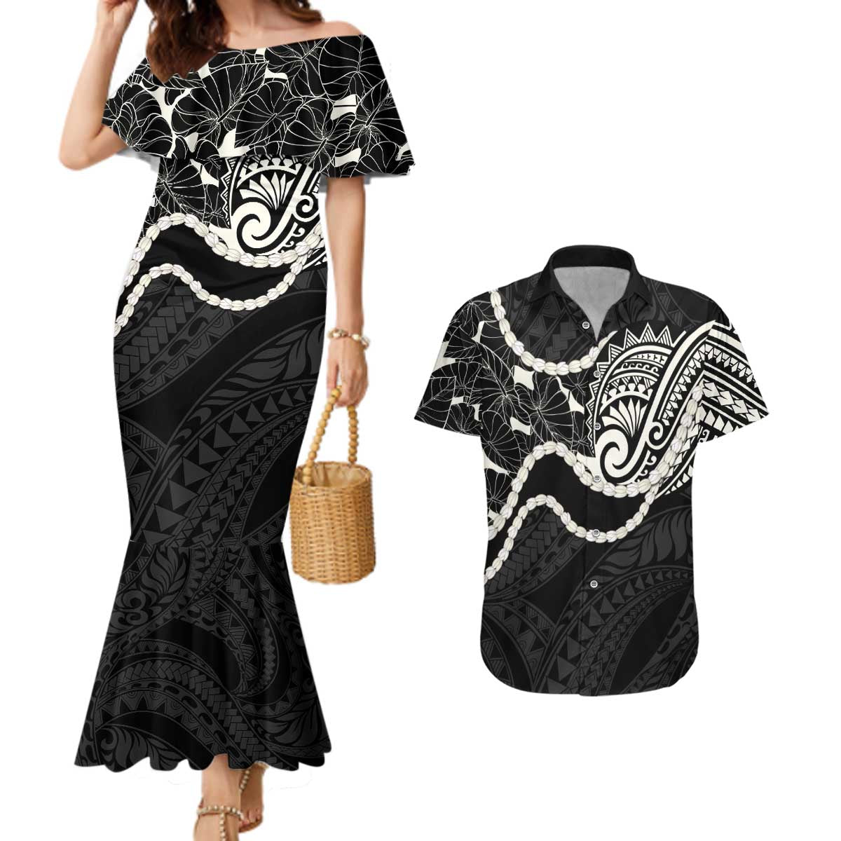 Aloha Hawaii Kalo Pikake Lei Couples Matching Mermaid Dress and Hawaiian Shirt Chest Tattoo Black Hawaiian Pattern