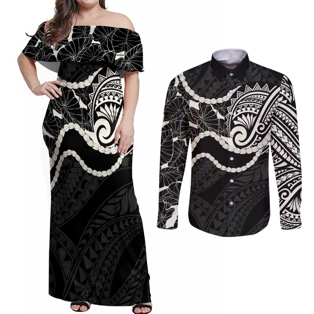 Aloha Hawaii Kalo Pikake Lei Couples Matching Off Shoulder Maxi Dress and Long Sleeve Button Shirt Chest Tattoo Black Hawaiian Pattern