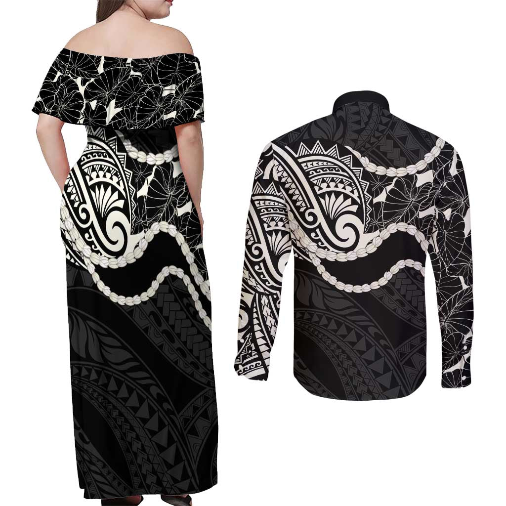 Aloha Hawaii Kalo Pikake Lei Couples Matching Off Shoulder Maxi Dress and Long Sleeve Button Shirt Chest Tattoo Black Hawaiian Pattern
