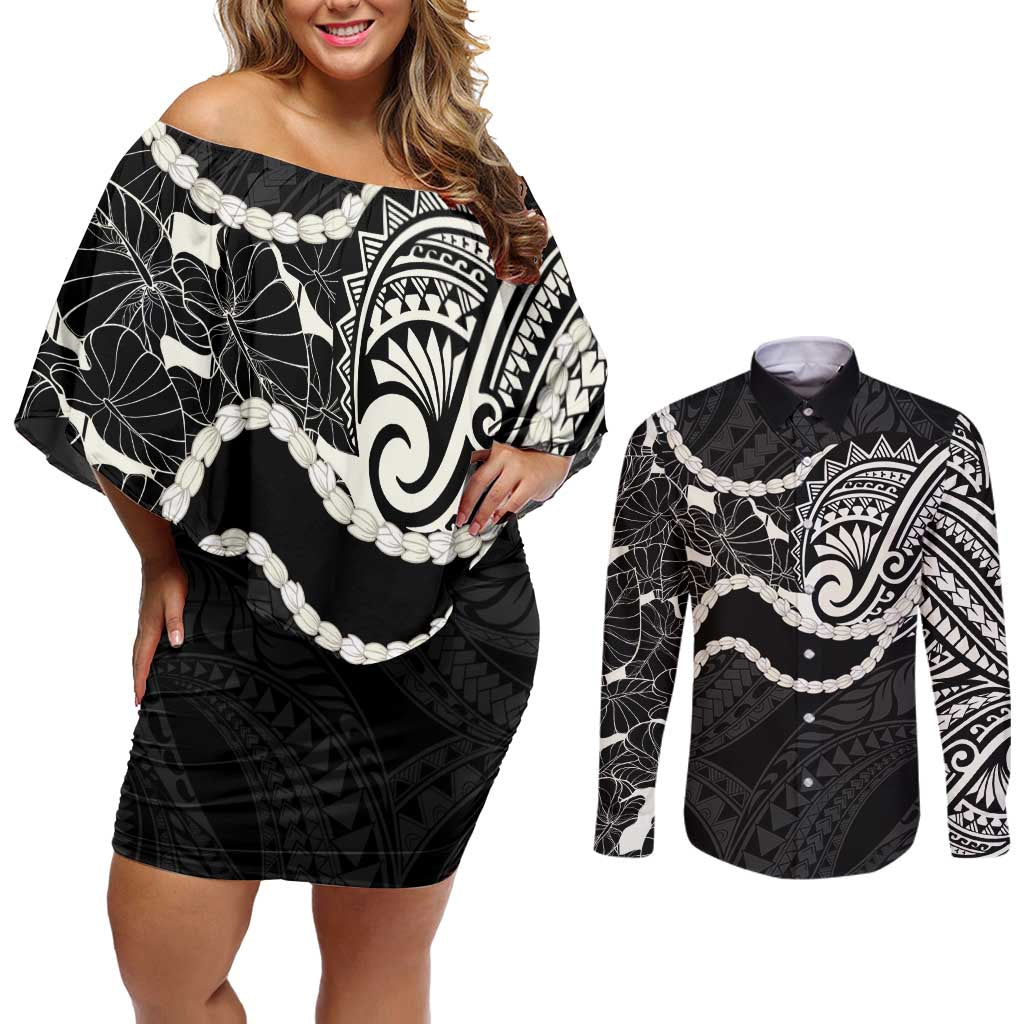 Aloha Hawaii Kalo Pikake Lei Couples Matching Off Shoulder Short Dress and Long Sleeve Button Shirt Chest Tattoo Black Hawaiian Pattern