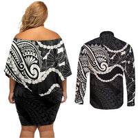 Aloha Hawaii Kalo Pikake Lei Couples Matching Off Shoulder Short Dress and Long Sleeve Button Shirt Chest Tattoo Black Hawaiian Pattern