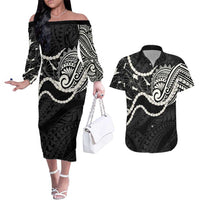 Aloha Hawaii Kalo Pikake Lei Couples Matching Off The Shoulder Long Sleeve Dress and Hawaiian Shirt Chest Tattoo Black Hawaiian Pattern LT14 Black - Polynesian Pride