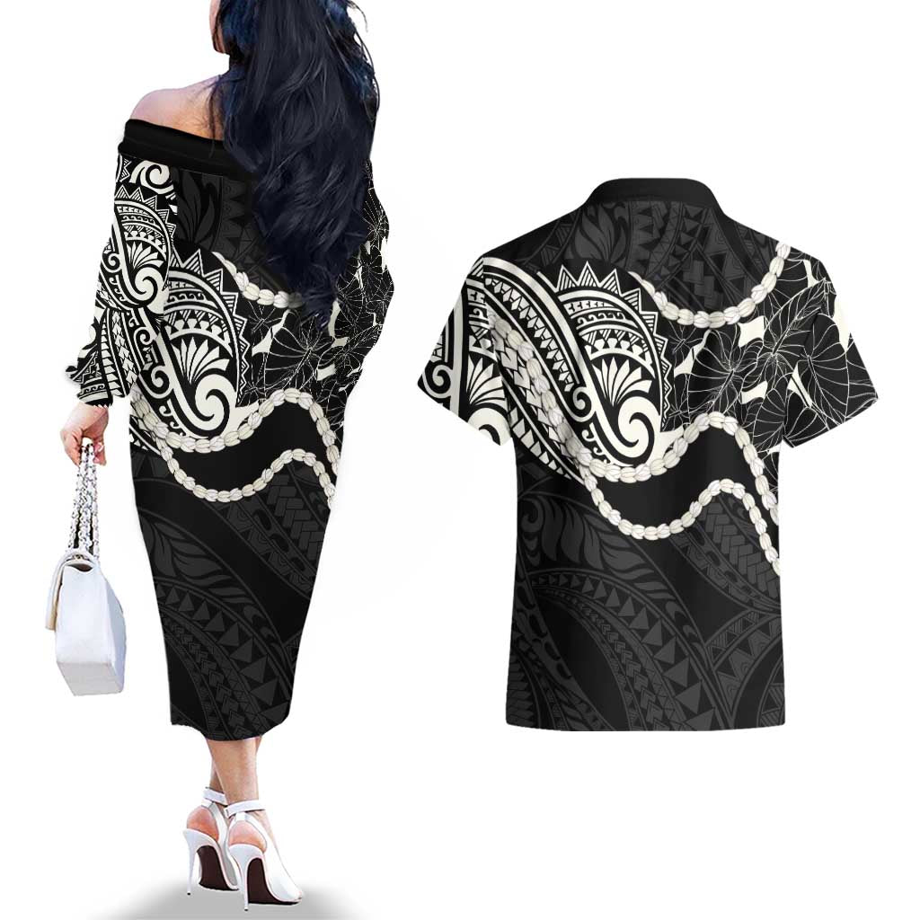 Aloha Hawaii Kalo Pikake Lei Couples Matching Off The Shoulder Long Sleeve Dress and Hawaiian Shirt Chest Tattoo Black Hawaiian Pattern LT14 - Polynesian Pride