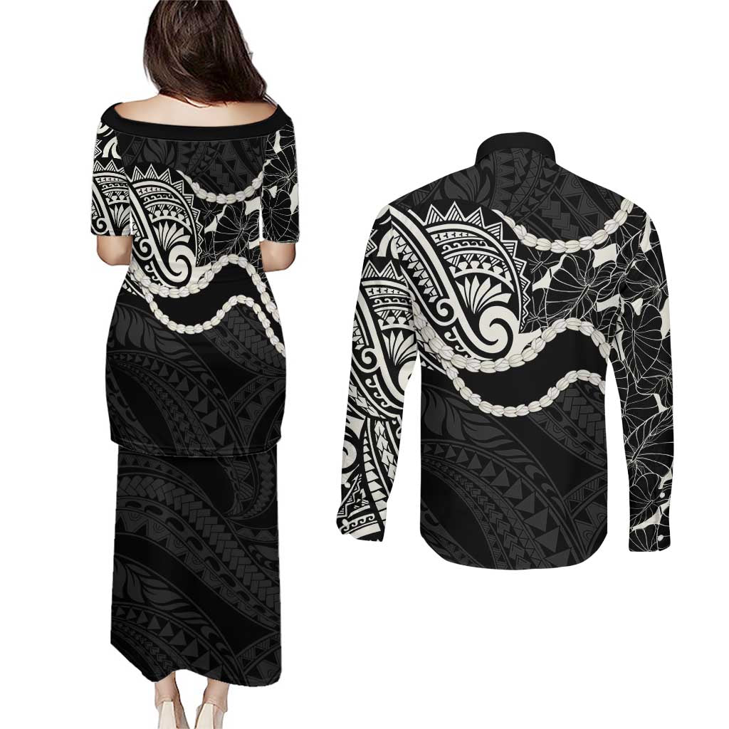 Aloha Hawaii Kalo Pikake Lei Couples Matching Puletasi and Long Sleeve Button Shirt Chest Tattoo Black Hawaiian Pattern