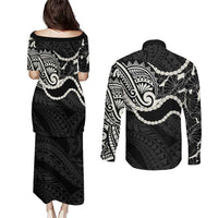 Aloha Hawaii Kalo Pikake Lei Couples Matching Puletasi and Long Sleeve Button Shirt Chest Tattoo Black Hawaiian Pattern