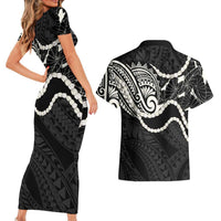 Aloha Hawaii Kalo Pikake Lei Couples Matching Short Sleeve Bodycon Dress and Hawaiian Shirt Chest Tattoo Black Hawaiian Pattern LT14 - Polynesian Pride