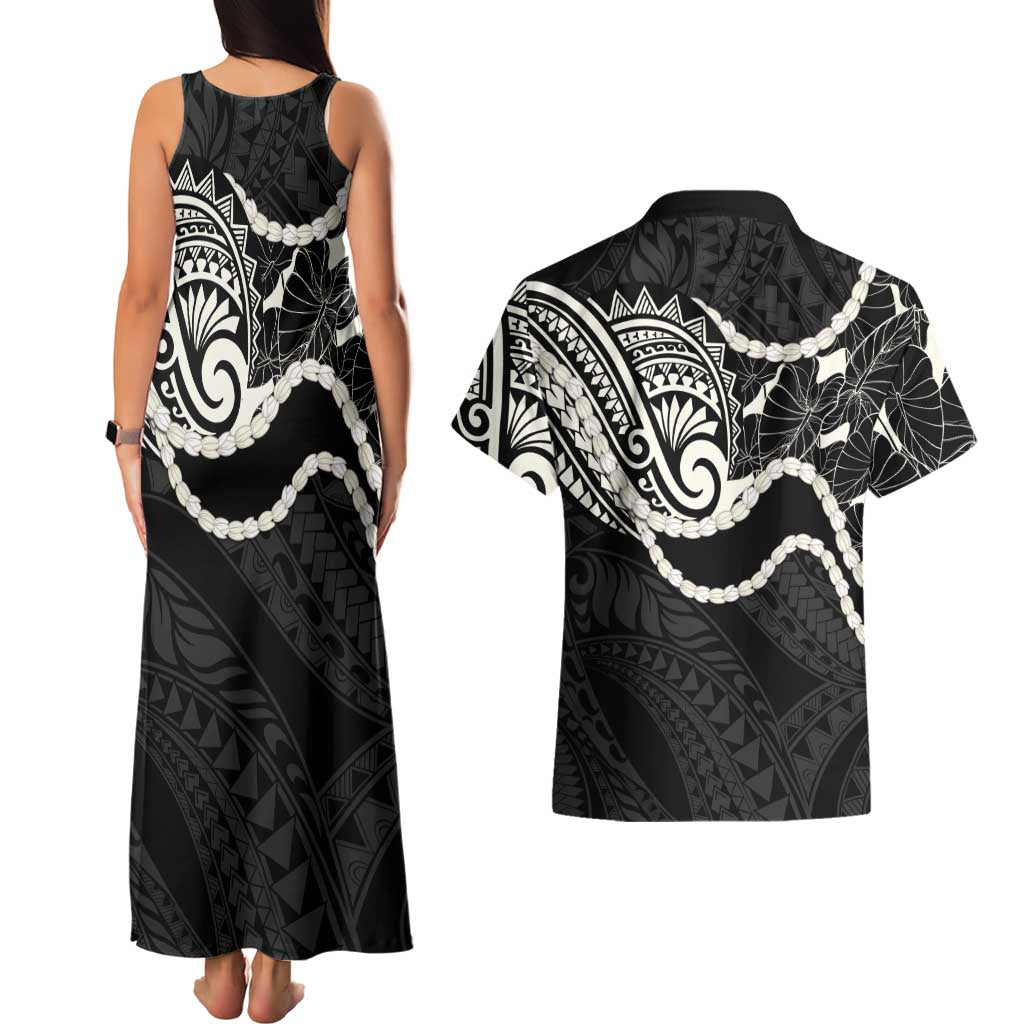 Aloha Hawaii Kalo Pikake Lei Couples Matching Tank Maxi Dress and Hawaiian Shirt Chest Tattoo Black Hawaiian Pattern