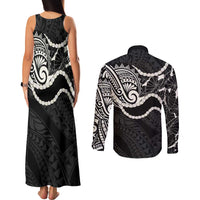 Aloha Hawaii Kalo Pikake Lei Couples Matching Tank Maxi Dress and Long Sleeve Button Shirt Chest Tattoo Black Hawaiian Pattern